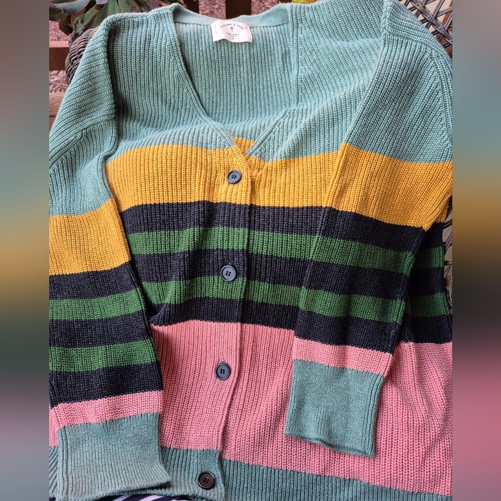 Electric and Rose Striped Cardigan in Mint Green, Yellow, Black, Green, Pink
